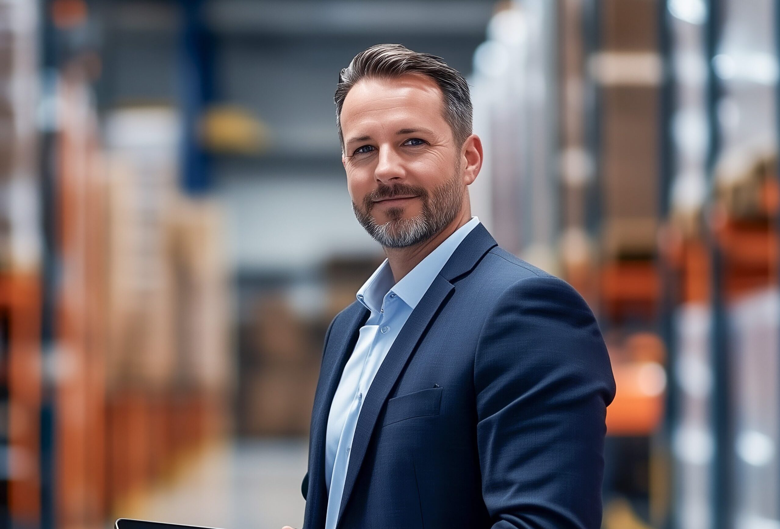 Confident Supply Chain Manager in suit holding tablet, standing in large storage facility, representing logistics and supply chain management