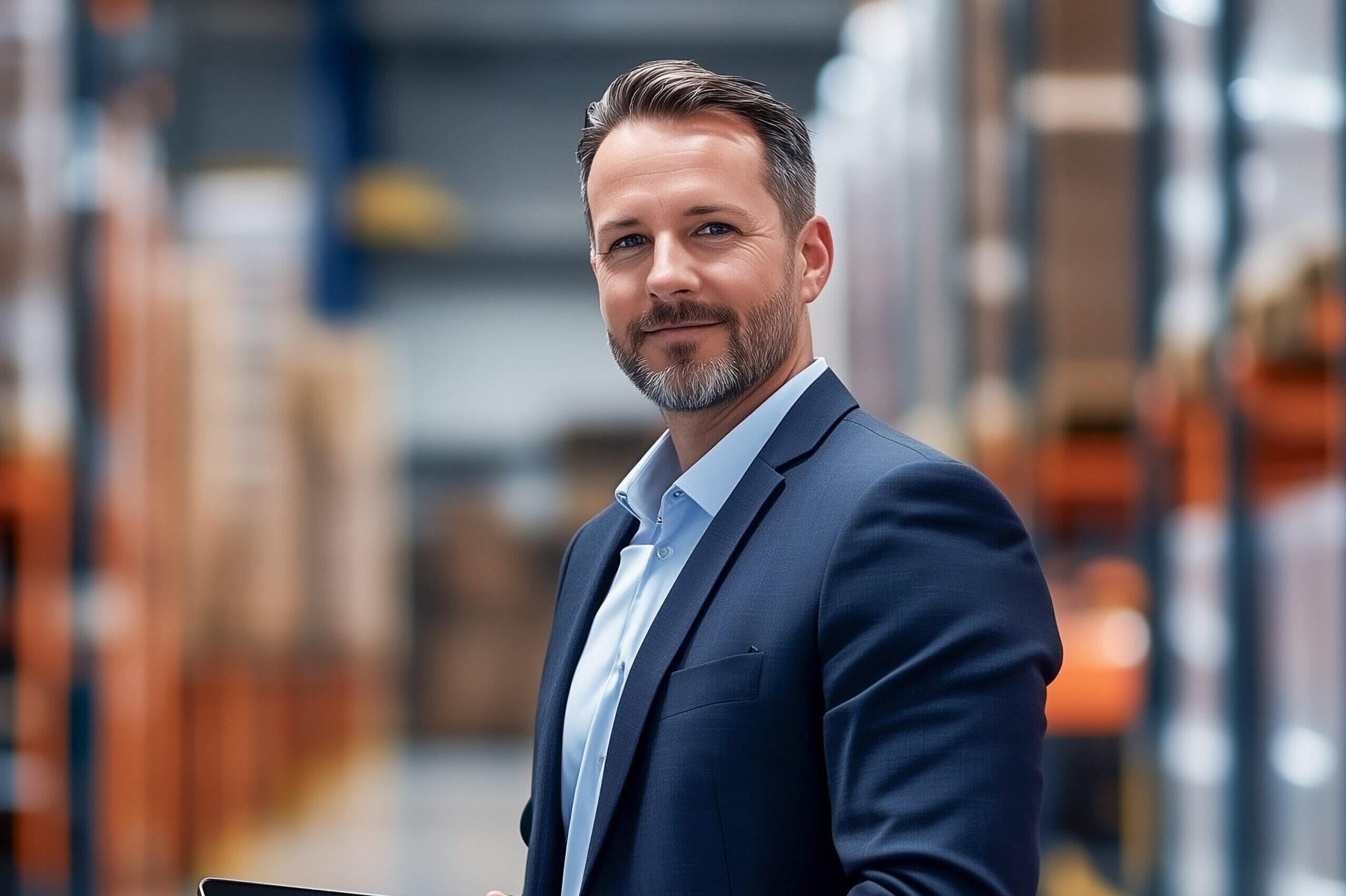 Confident Supply Chain Manager in suit holding tablet, standing in large storage facility, representing logistics and supply chain management